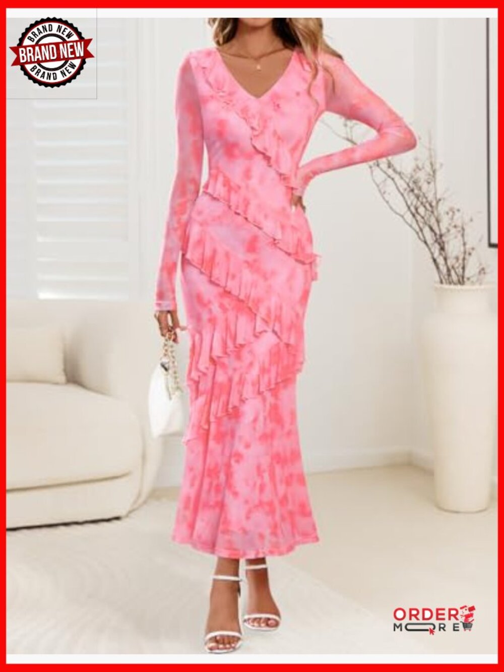 Floral Long Sleeve Maxi Dress Bodycon V-Neck Ruffle Wedding Party - Picture 3 of 7